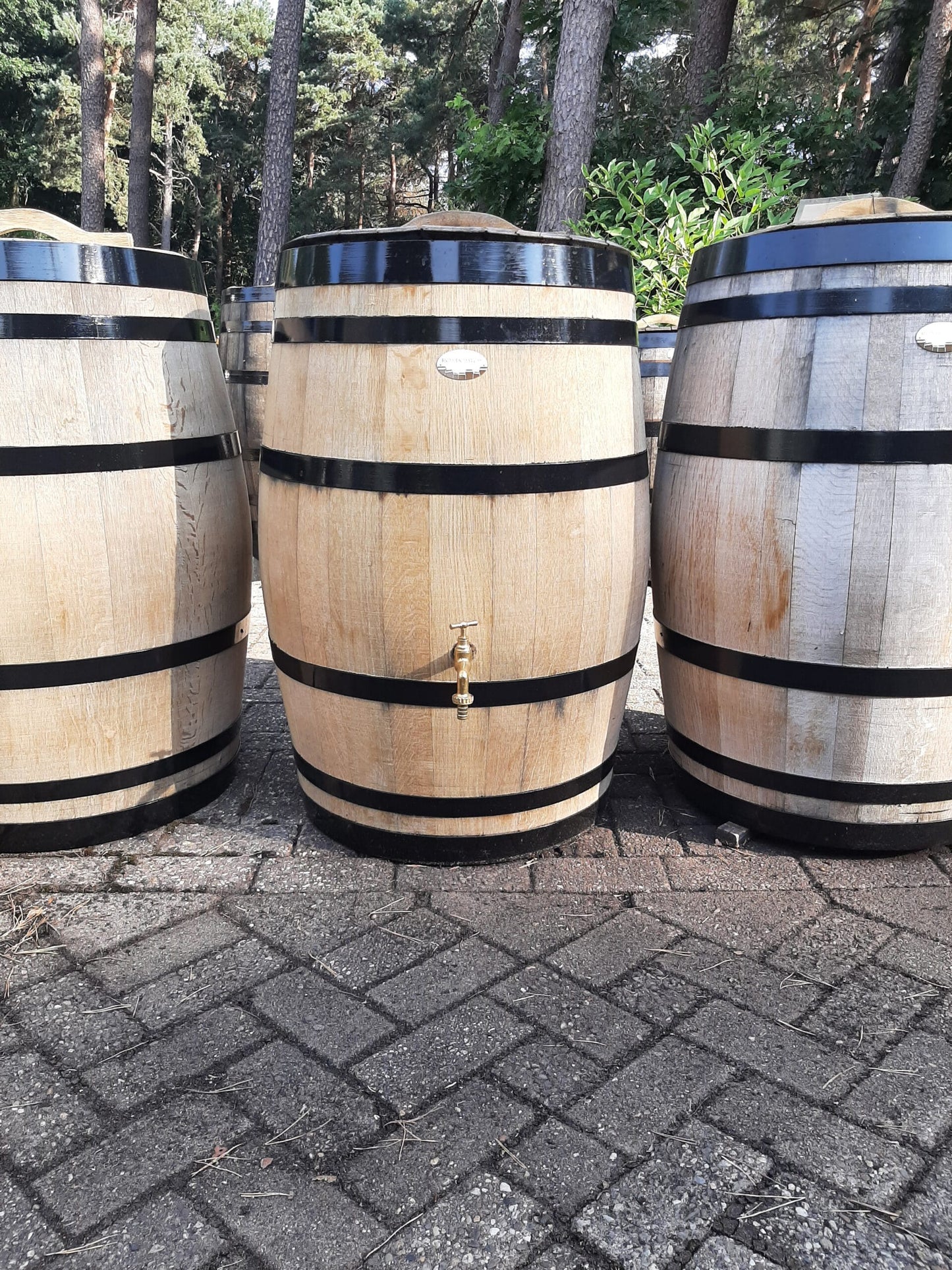 Regenton met zwarte banden en messing kraan 225L