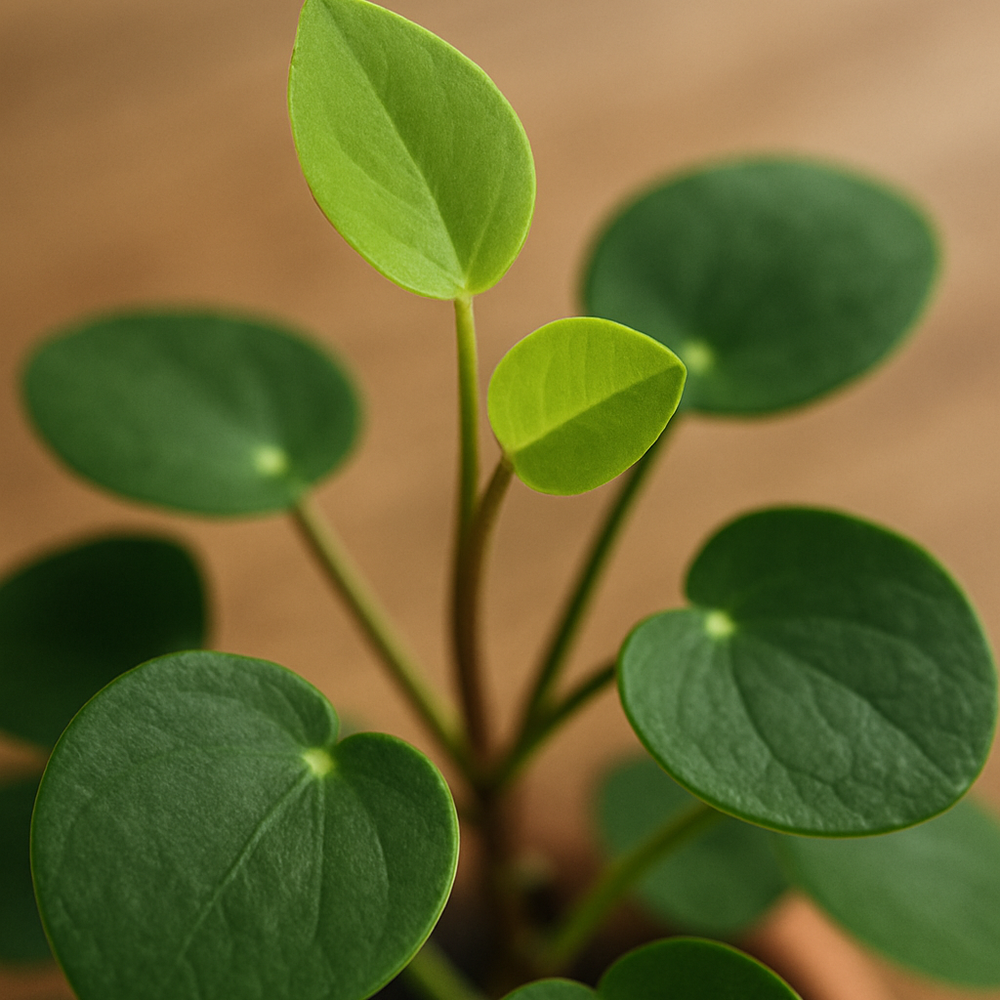 Close-up van een Pilea met jonge, lichtgroene blaadjes tussen volwassen bladeren, passend bij actieve groei en opname van voedingsstoffen