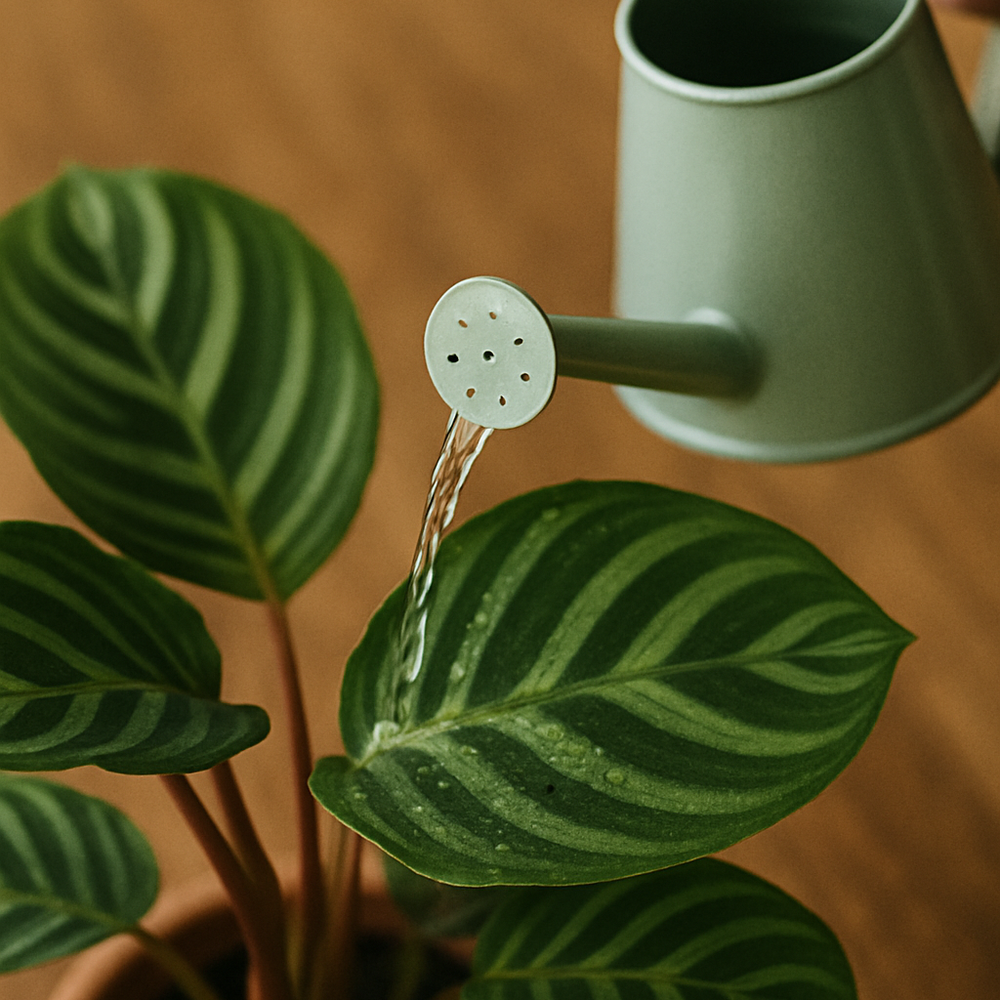 Calathea plant die wordt besproeid met een groene gietertje, als voorbeeld van eenvoudige toepassing van bladvoeding