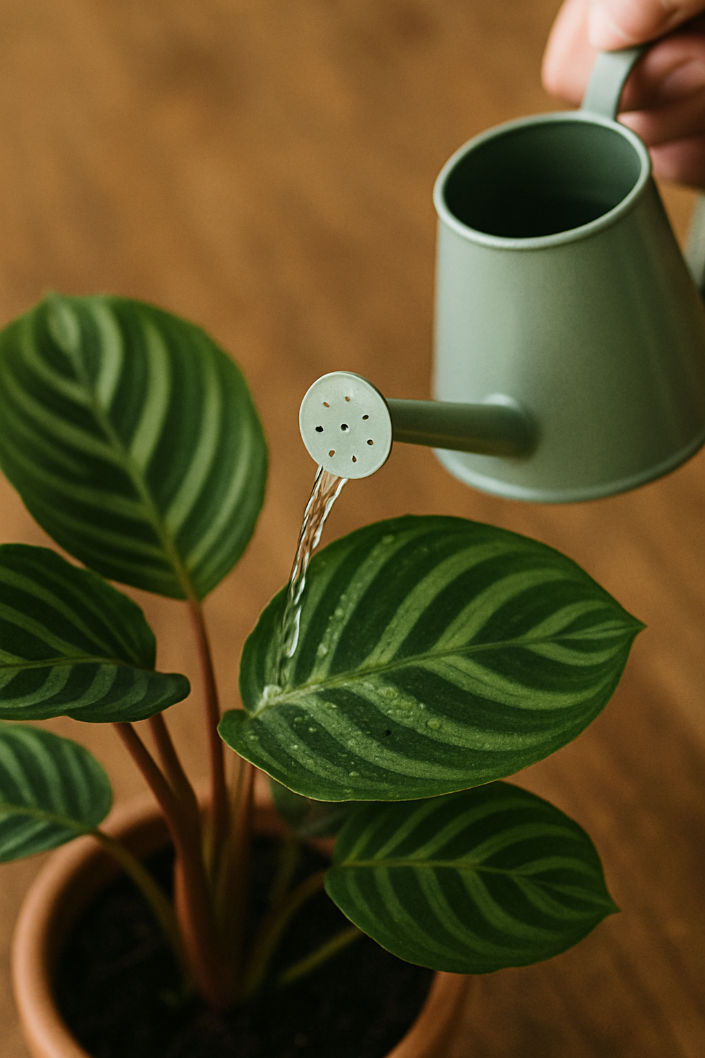 Calathea plant die wordt besproeid met een groene gietertje, als voorbeeld van eenvoudige toepassing van bladvoeding